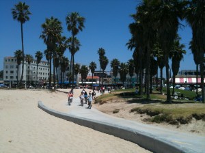 Cyclists enjoy the ride at Venice Beach, California.